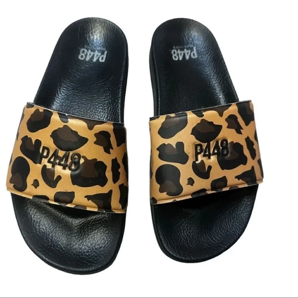 P448 Super Water Resistant Slide Sandal Women 37/6.5-7 Contoured Footbed Leopard